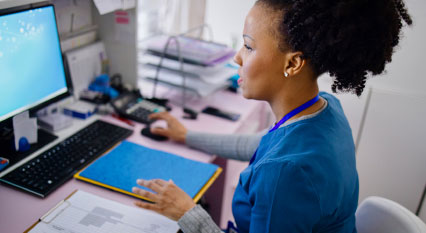 Female doctor sitting at computer screen