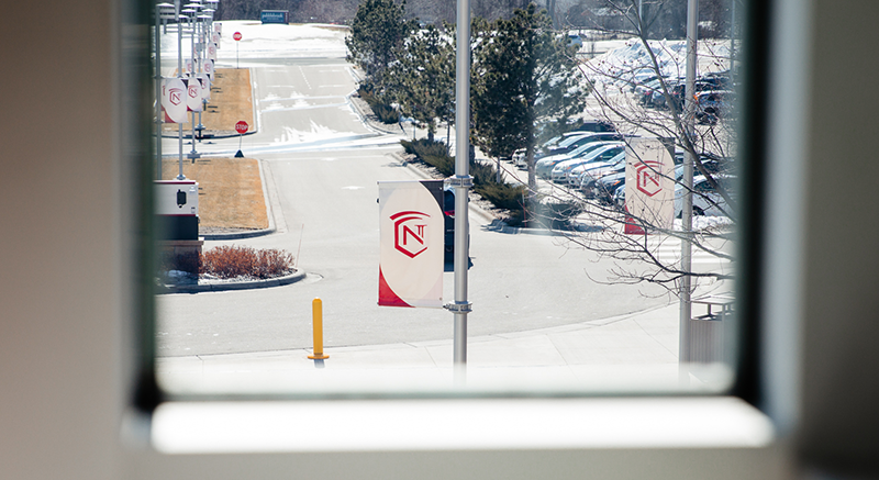 The Normandale crest on a flag on campus.